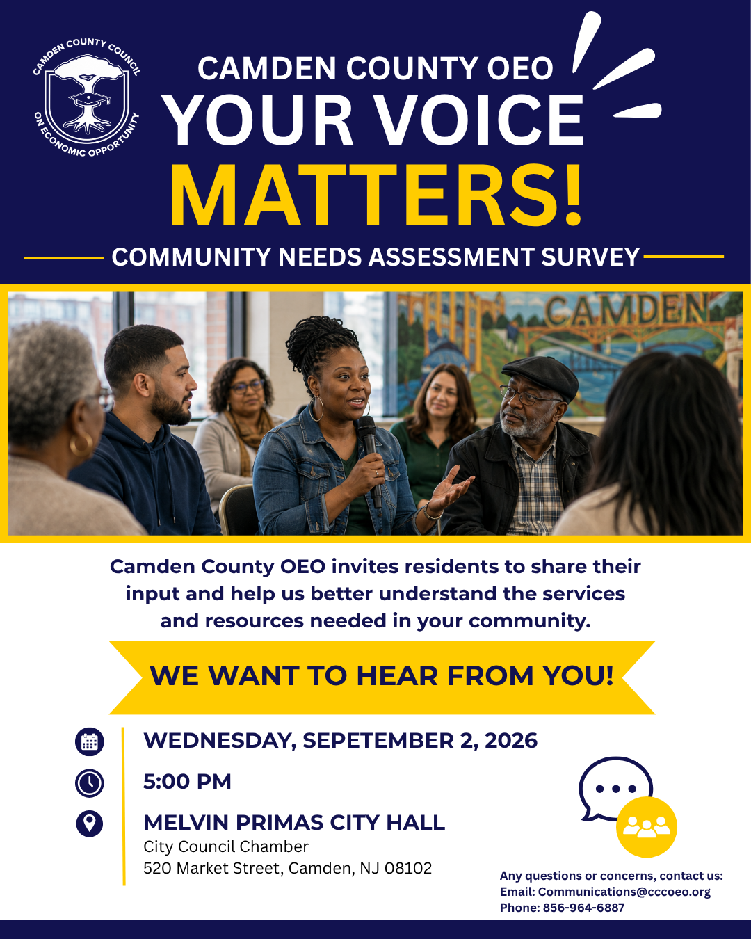 September 2 English flyer: Camden County OEO Community Needs Assessment Survey flyer. “Your Voice Matters!” Wednesday, September 2, 2026 at 5:00 PM at Melvin Primas City Hall, City Council Chamber, 520 Market Street, Camden, NJ 08102.