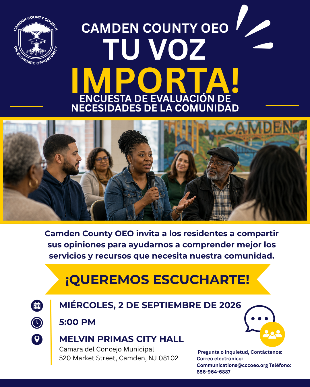 September 2 Spanish flyer: Volante de la Encuesta de Evaluación de Necesidades de la Comunidad de Camden County OEO. “¡Tu Voz Importa!” Miércoles, 2 de septiembre de 2026 a las 5:00 PM en Melvin Primas City Hall, Cámara del Concejo Municipal, 520 Market Street, Camden, NJ 08102.