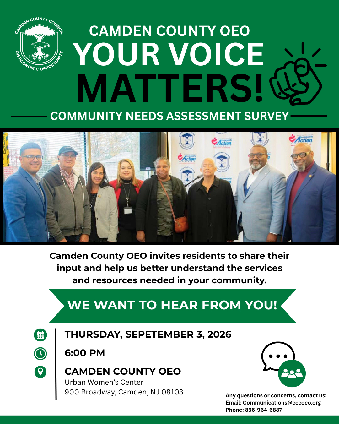 Camden County OEO Community Needs Assessment Survey flyer. “Your Voice Matters!” Thursday, September 3, 2026 at 6:00 PM at Camden County OEO Urban Women’s Center, 900 Broadway, Camden, NJ 08103.