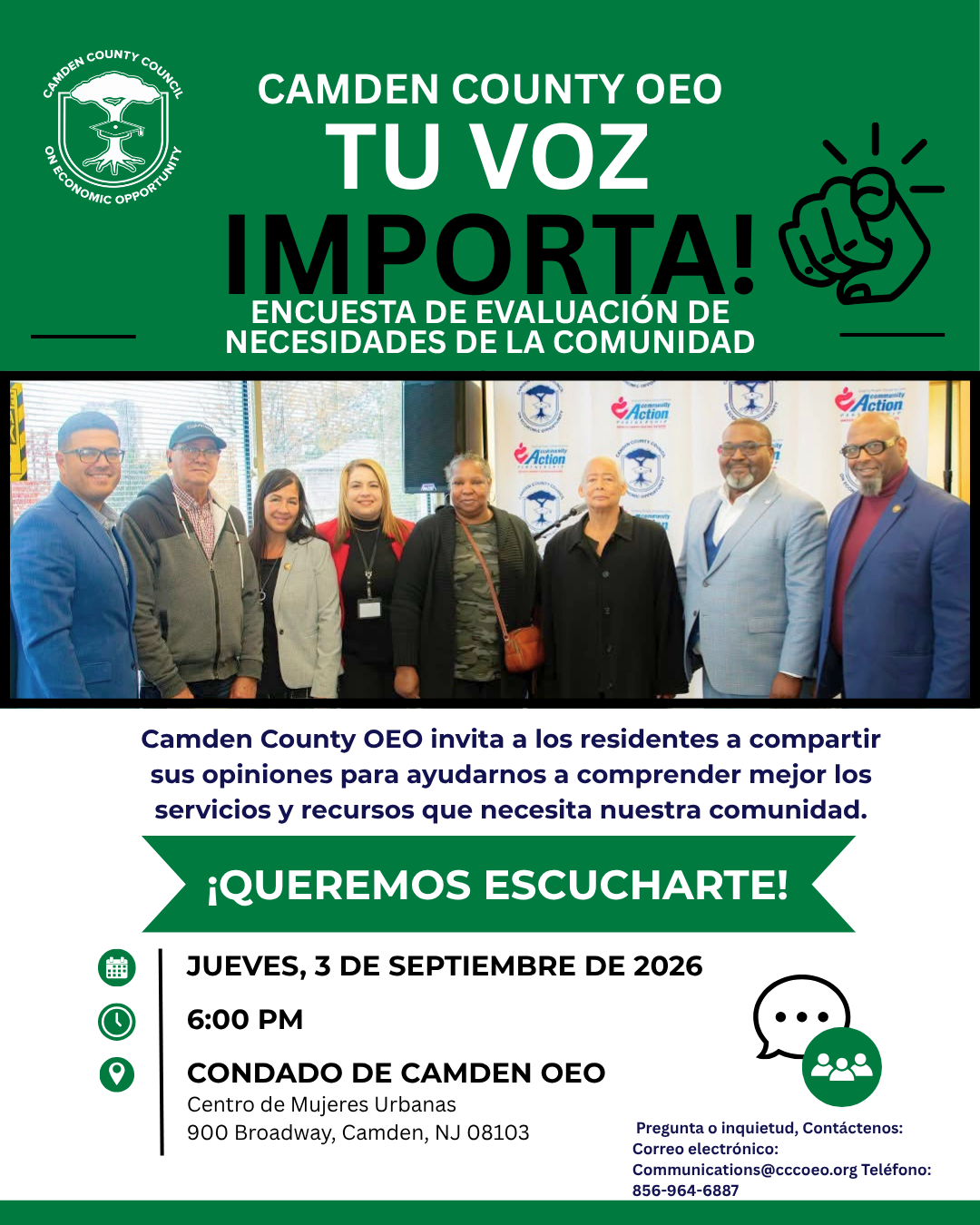 Volante de la Encuesta de Evaluación de Necesidades de la Comunidad de Camden County OEO. “¡Tu Voz Importa!” Jueves, 3 de septiembre de 2026 a las 6:00 PM en Condado de Camden OEO, Centro de Mujeres Urbanas, 900 Broadway, Camden, NJ 08103.